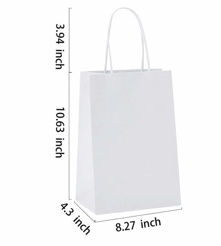 BAG BOX 50 Pack Kraft Paper Gift Bags with Handles 8.25x4.3x10.6 Inch White