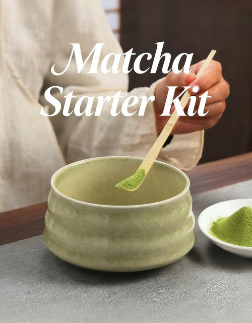 Load image into Gallery viewer, Sfutee Matcha Whisk Set 4pcs Ceramic Bowl Bamboo Scoop Chasen Holder 19oz Green
