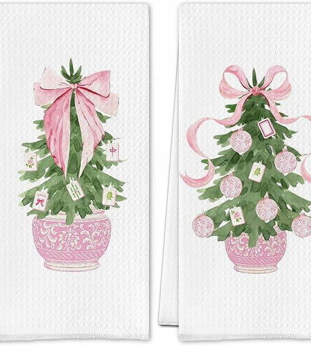 SereneHanctuary Chinoiserie Pink Bow Martini Kitchen Towels 16x24 Set of 4