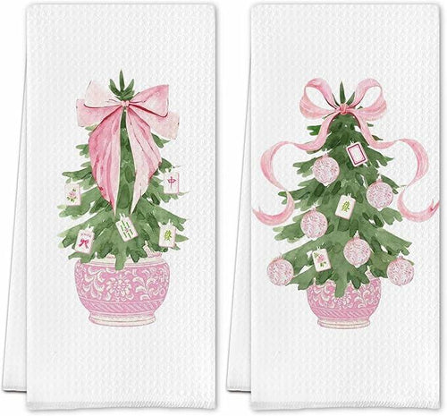Load image into Gallery viewer, SereneHanctuary Chinoiserie Pink Bow Martini Kitchen Towels 16x24 Set of 4
