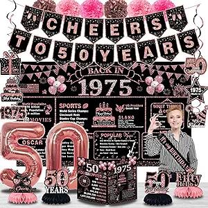 Load image into Gallery viewer, Juesly 50th Birthday Decorations 24PCS Rose Gold Banner Balloons Honeycomb
