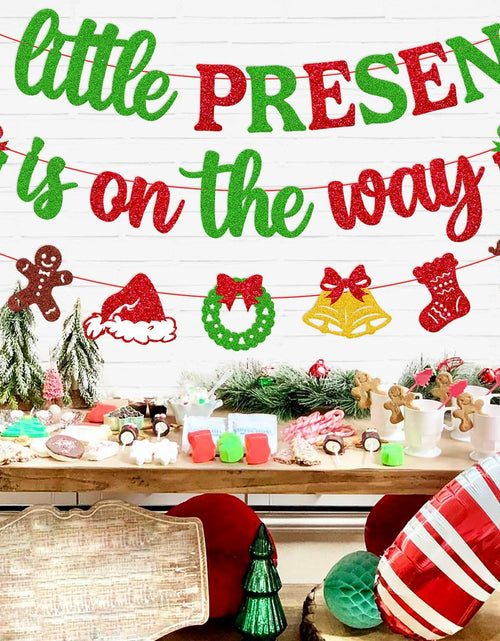 Load image into Gallery viewer, Ruicenbabiii Red A Little Present Is on the Way Baby Shower Banner Christmas

