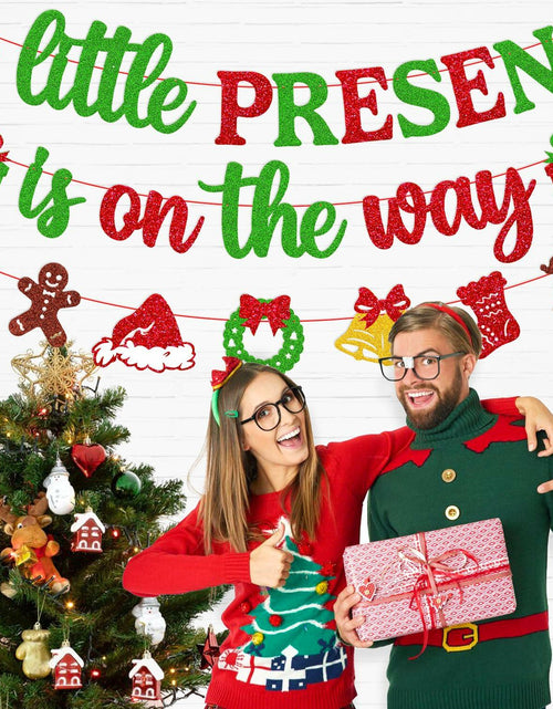 Load image into Gallery viewer, Ruicenbabiii Red A Little Present Is on the Way Baby Shower Banner Christmas
