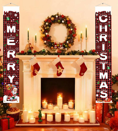 Libemskix Merry Christmas Door Banner 71x12in Red Black Buffalo Plaid 2pcs