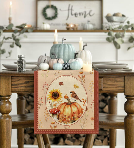 Artoid Mode Pumpkin Bird Floral Table Runner Red 13x72 Inch Rustic Bohemian
