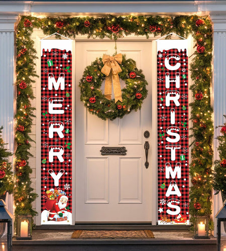 Libemskix Merry Christmas Door Banner 71x12in Red Black Buffalo Plaid 2pcs