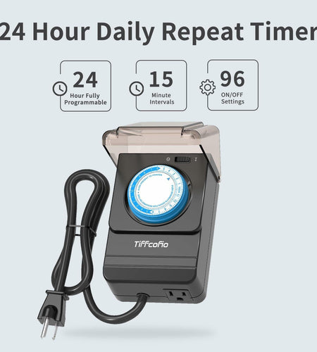 TiFFCOFiO Outdoor Waterproof Timer 24H Mechanical 2 Outlets 15A Heavy Duty