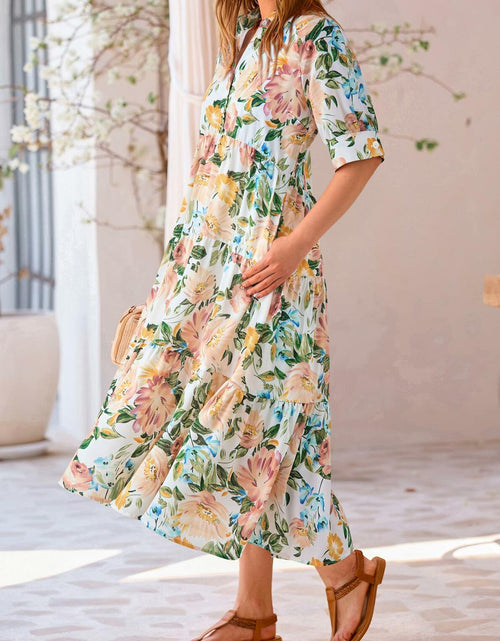 Load image into Gallery viewer, PRETTYGARDEN Women Casual Summer Floral Print Beach Maxi Dress White Apricot L
