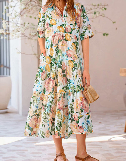Load image into Gallery viewer, PRETTYGARDEN Women Casual Summer Floral Print Beach Maxi Dress White Apricot L
