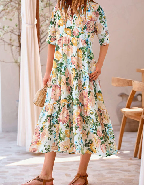 Load image into Gallery viewer, PRETTYGARDEN Women Casual Summer Floral Print Beach Maxi Dress White Apricot L
