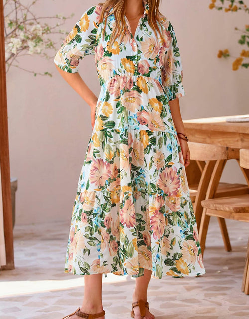 Load image into Gallery viewer, PRETTYGARDEN Women Casual Summer Floral Print Beach Maxi Dress White Apricot L
