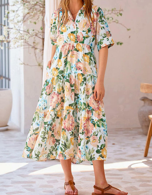 Load image into Gallery viewer, PRETTYGARDEN Women Casual Summer Floral Print Beach Maxi Dress White Apricot L
