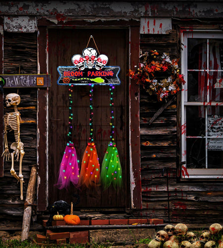 Tiaxidex Lighted Halloween Witch Broom Parking Sign Porch Door Decor