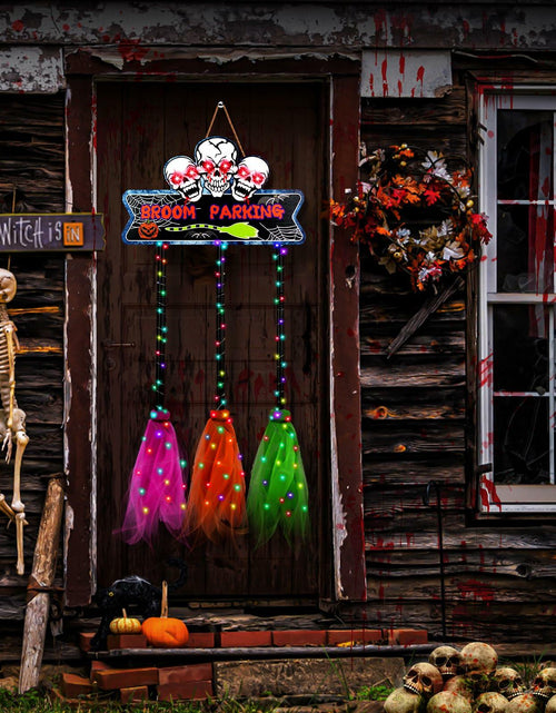 Load image into Gallery viewer, Tiaxidex Lighted Halloween Witch Broom Parking Sign Porch Door Decor

