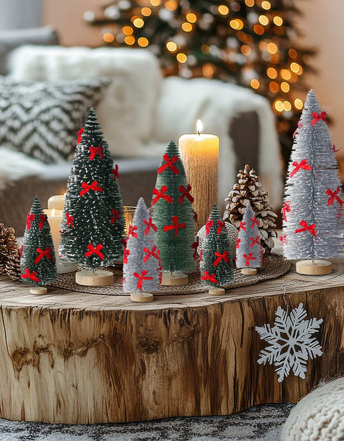 Load image into Gallery viewer, Soaoo 12 Pack Bottle Brush Christmas Trees 5-10in Wood Base Green Silver
