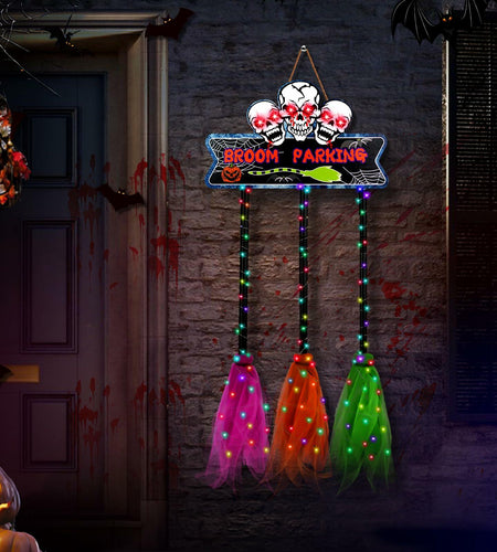Tiaxidex Lighted Halloween Witch Broom Parking Sign Porch Door Decor