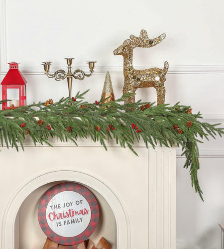 SHareconn 9FT Artificial Norfolk Pine Garland with Pine Cones Red Berries Green