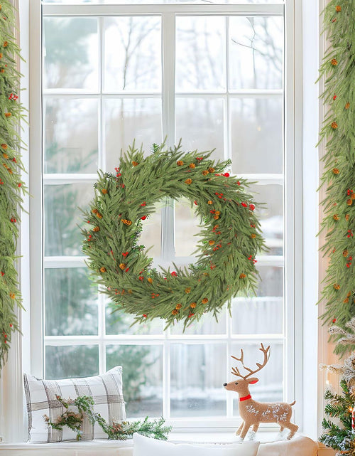 Load image into Gallery viewer, SHareconn 9FT Artificial Norfolk Pine Garland with Pine Cones Red Berries Green
