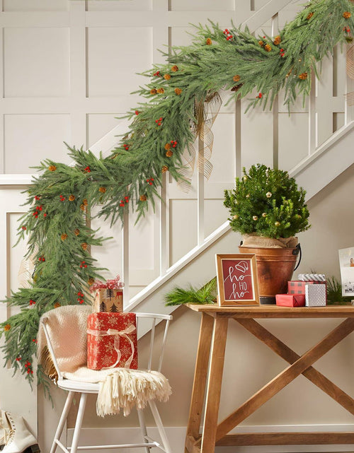 Load image into Gallery viewer, SHareconn 9FT Artificial Norfolk Pine Garland with Pine Cones Red Berries Green
