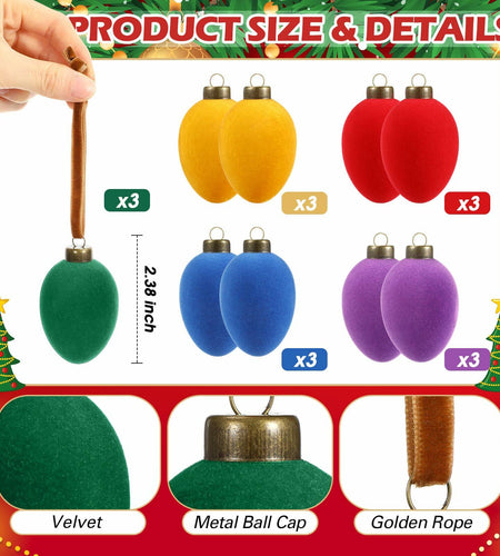 Hollowfly Christmas Velvet Balls Ornaments 2.36'' Rainbow 15 Pcs Shatterproof