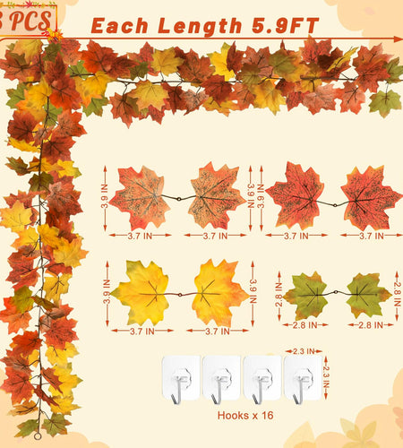 Helimoto Maple Leaf Garland 8 Pack 47.2FT Green Artificial Fall Leaves