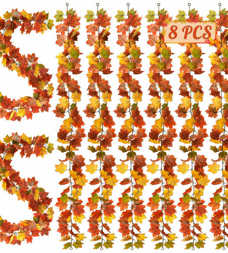 Helimoto Maple Leaf Garland 8 Pack 47.2FT Green Artificial Fall Leaves
