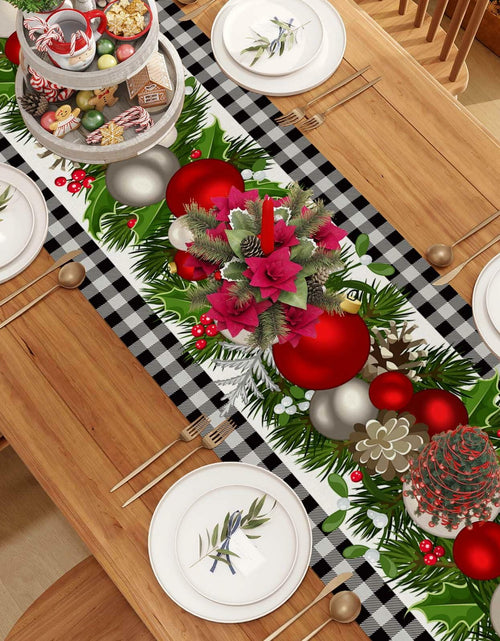 Load image into Gallery viewer, Jiudungs Linen Green Black Buffalo Check Plaid Table Runner 60in
