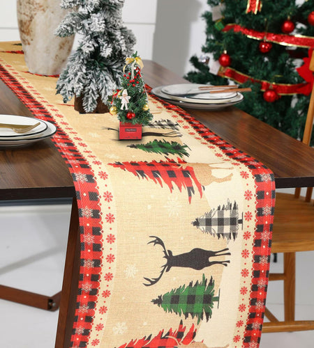ToRhine Christmas Table Runner Linen Tree & Elk Pattern 72in Tree&elk