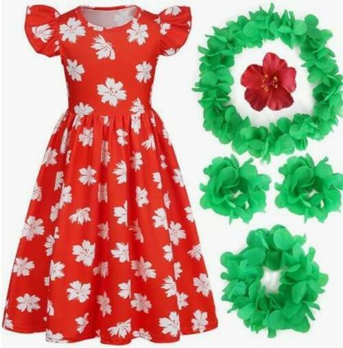 Load image into Gallery viewer, Slivomi Girls Hawaiian Dress &amp; Accessory Set Red Tropical Luau Size 9-10Y
