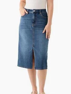 Load image into Gallery viewer, ETTELO Midi Denim Skirt High Waisted Slit Casual Stretch Deep Blue Size XX-Large
