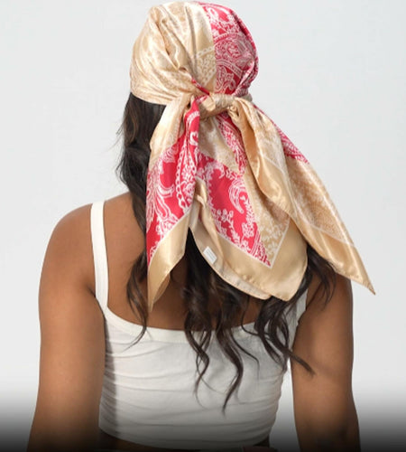 VJHX Paisley Satin Head Scarf Large Square 35in Khaki Pink