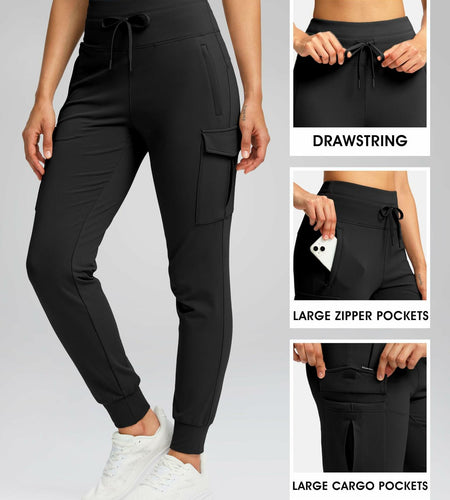 SANTINY Women Fleece Lined Cargo Joggers Waterproof Black Size L