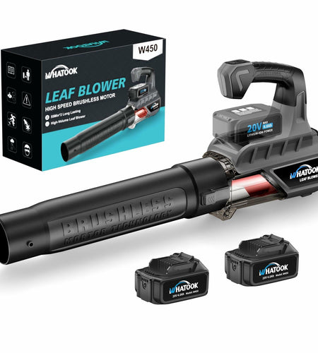 WHATOOK Cordless Leaf Blower 20V 4.0Ah Brushless Motor 2 Batteries Grey