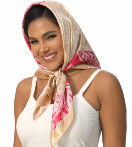 VJHX Paisley Satin Head Scarf Large Square 35in Khaki Pink