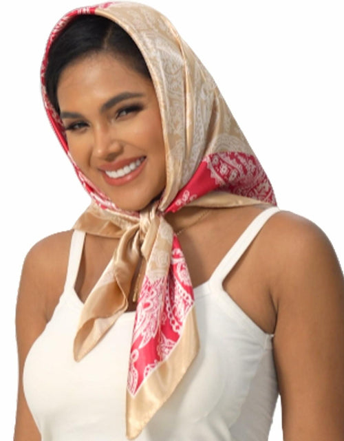 Load image into Gallery viewer, VJHX Paisley Satin Head Scarf Large Square 35in Khaki Pink
