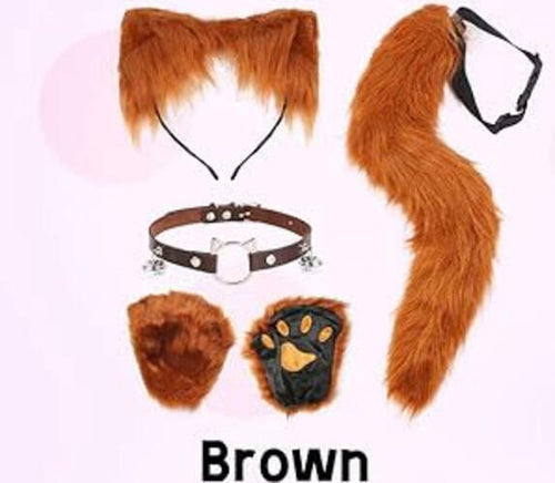 Load image into Gallery viewer, MOAMDAUT 4 Pcs Brown Cat Therian Faux Fur Mask Tail Set Women Halloween
