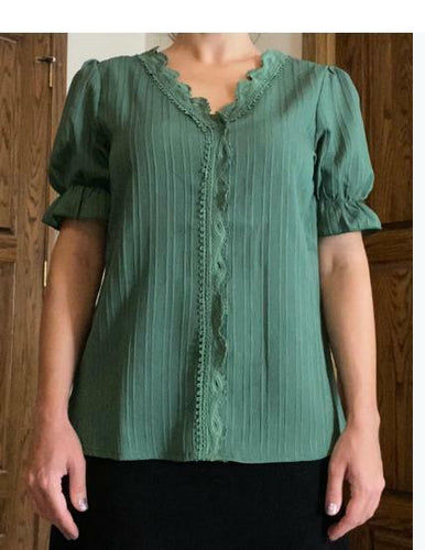 JUSTFASHIONNOW Summer Lace V Neck Short Sleeve Blouse Green Size M