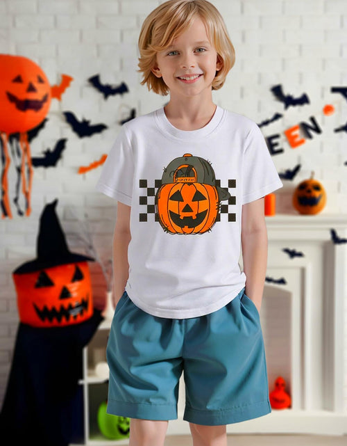 Load image into Gallery viewer, YWAGK Boys Halloween Pumpkin T-Shirt Plaid Tee White Size 7-8 Years
