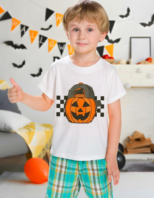 Load image into Gallery viewer, YWAGK Boys Halloween Pumpkin T-Shirt Plaid Tee White Size 7-8 Years
