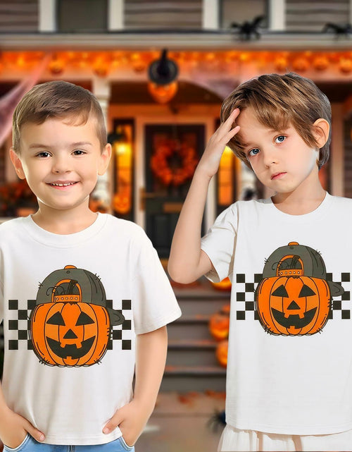 Load image into Gallery viewer, YWAGK Boys Halloween Pumpkin T-Shirt Plaid Tee White Size 7-8 Years
