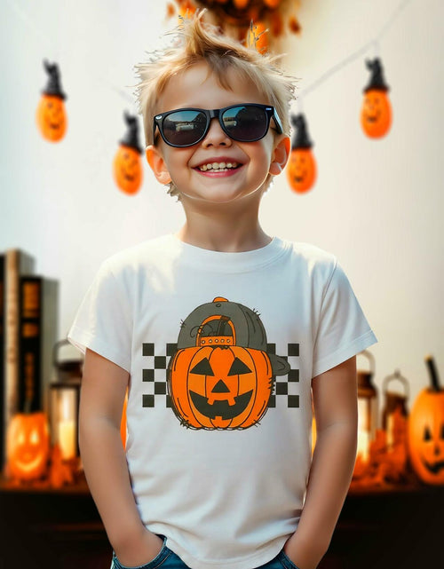 Load image into Gallery viewer, YWAGK Boys Halloween Pumpkin T-Shirt Plaid Tee White Size 7-8 Years
