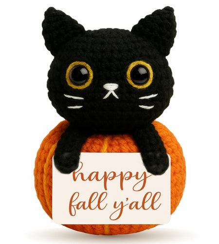 Skyists Crochet Black Cat Plush with Happy Fall Y'All Sign 3.74in Orange Black