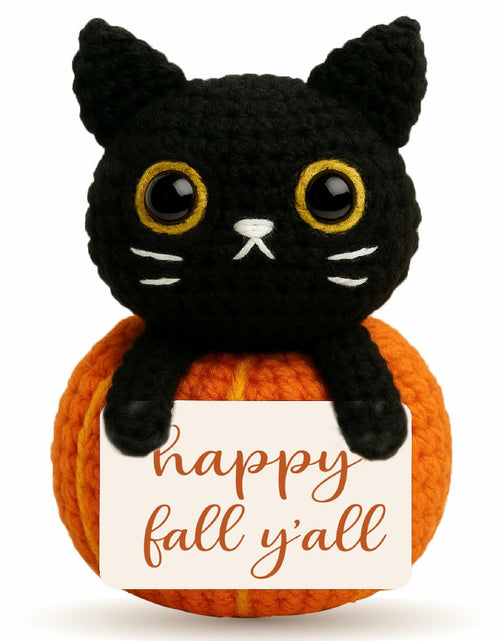 Load image into Gallery viewer, Skyists Crochet Black Cat Plush with Happy Fall Y'All Sign 3.74in Orange Black
