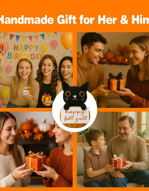 Load image into Gallery viewer, Skyists Crochet Black Cat Plush with Happy Fall Y'All Sign 3.74in Orange Black
