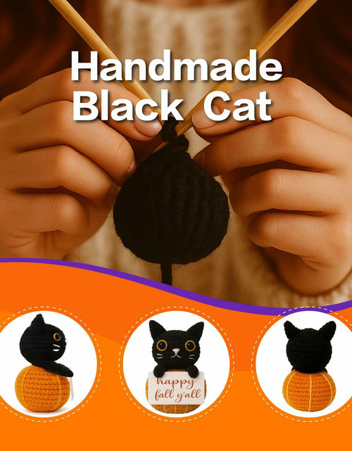Load image into Gallery viewer, Skyists Crochet Black Cat Plush with Happy Fall Y'All Sign 3.74in Orange Black
