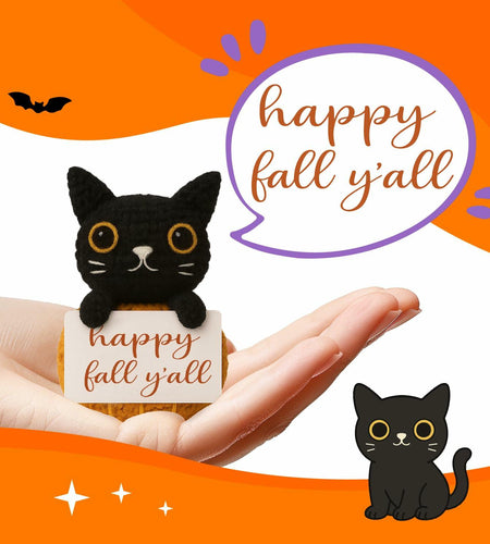 Skyists Crochet Black Cat Plush with Happy Fall Y'All Sign 3.74in Orange Black