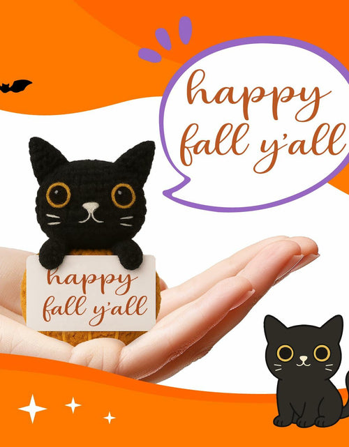 Load image into Gallery viewer, Skyists Crochet Black Cat Plush with Happy Fall Y'All Sign 3.74in Orange Black
