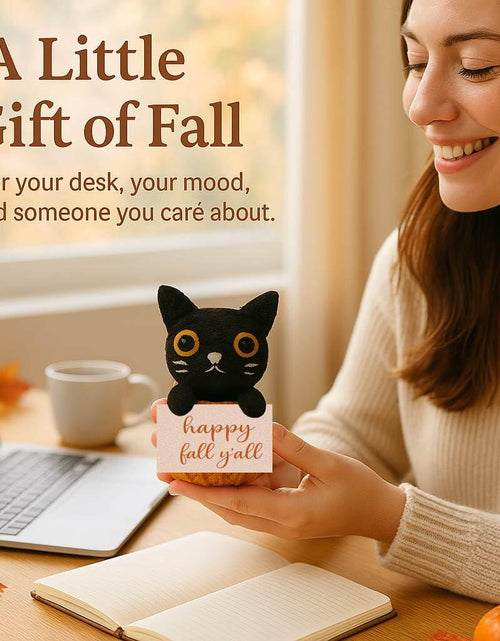 Load image into Gallery viewer, Skyists Crochet Black Cat Plush with Happy Fall Y'All Sign 3.74in Orange Black

