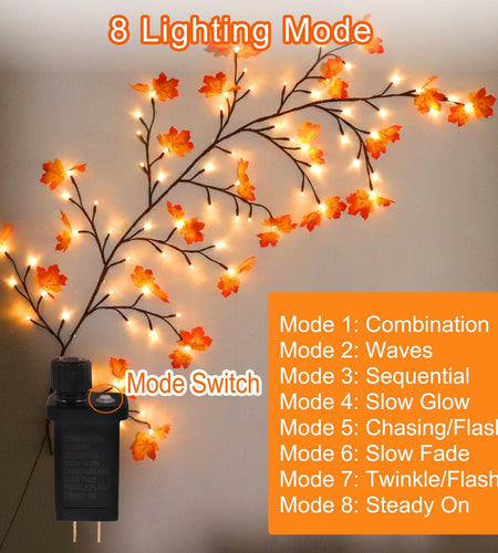 PAJH Fall Thanksgiving Garland 5.25ft 72 LED 8 Modes Orange Leaf Lights