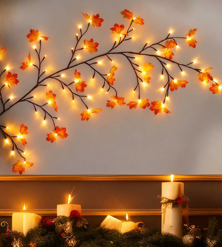 PAJH Fall Thanksgiving Garland 5.25ft 72 LED 8 Modes Orange Leaf Lights